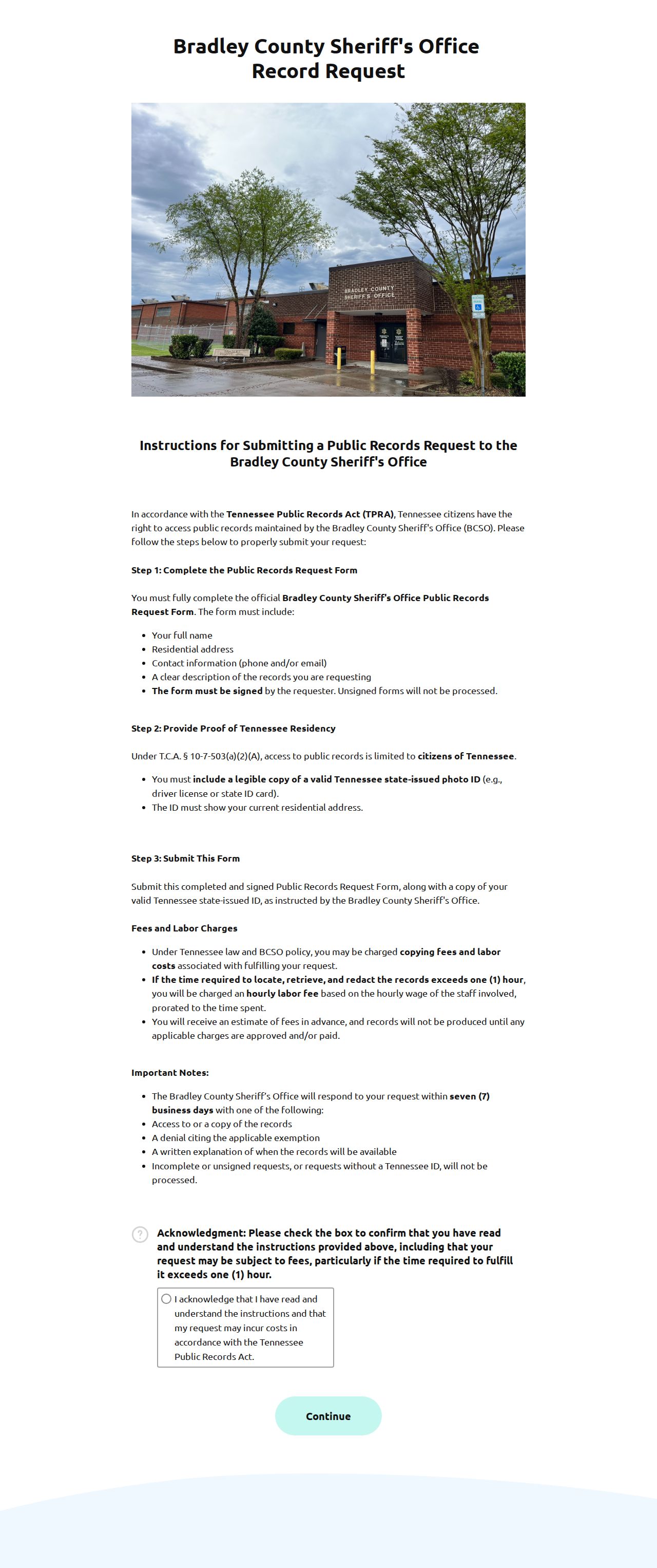 Bradley County sheriff public information arrest record form