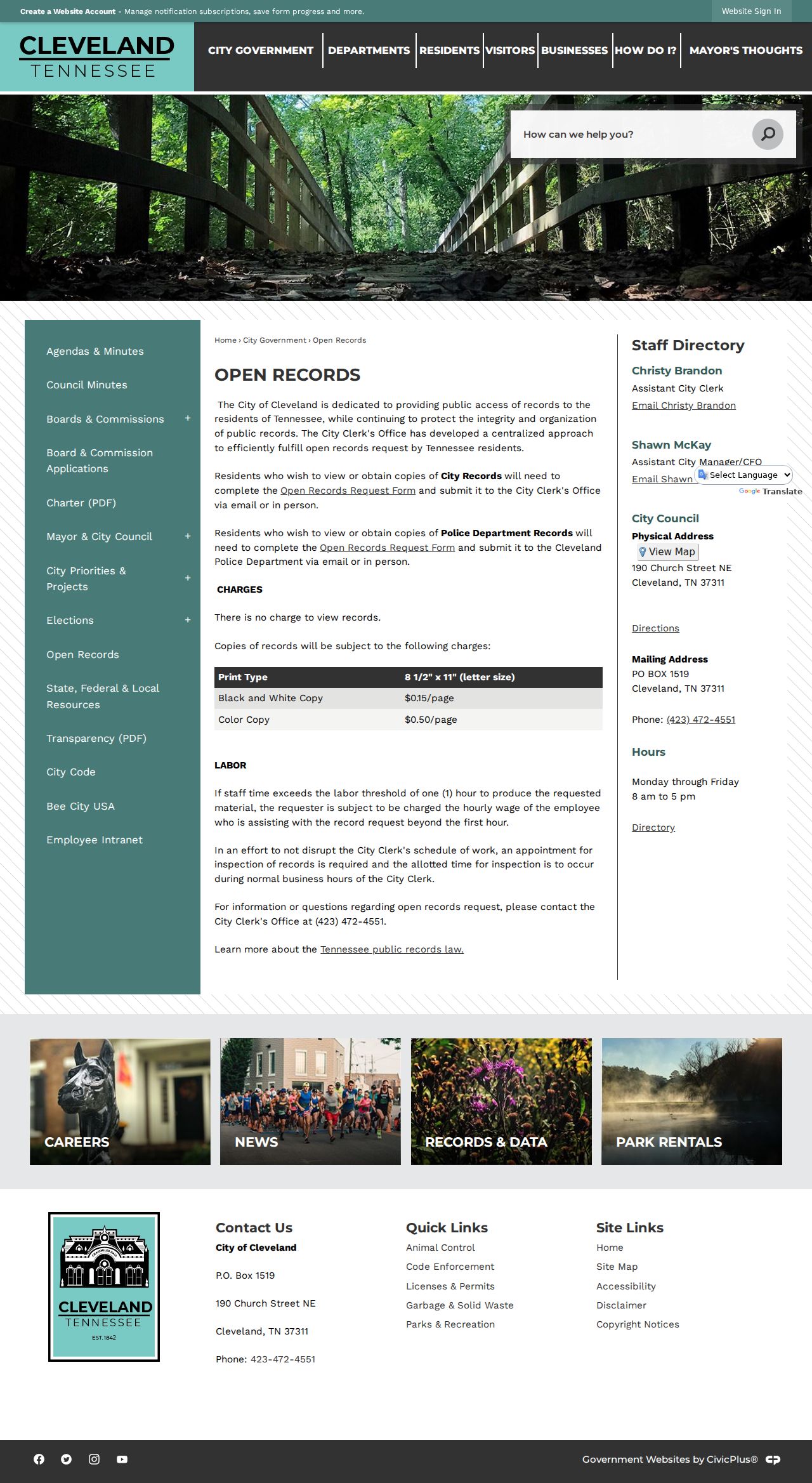 Cleveland Tennessee open records procedures for city criminal records